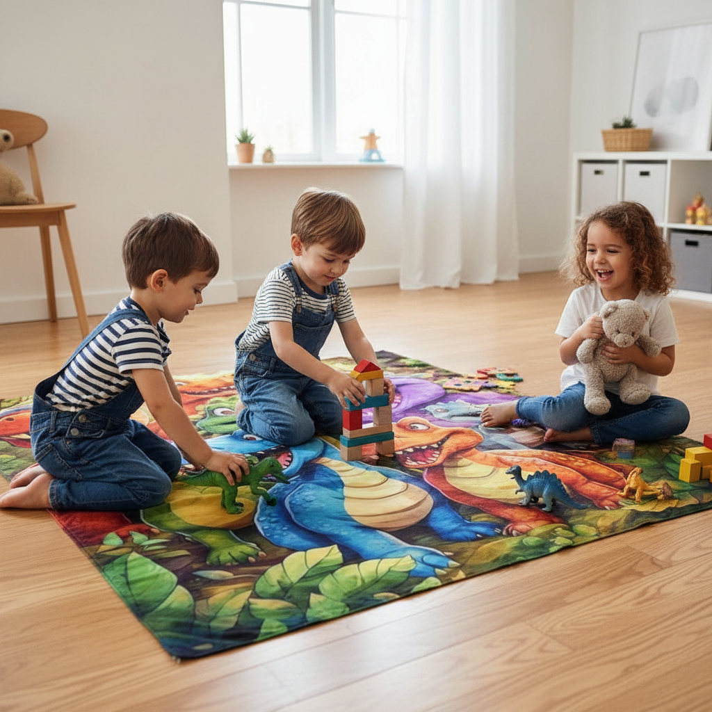 Bambini realistici che giocano sulla coperta dinosauri