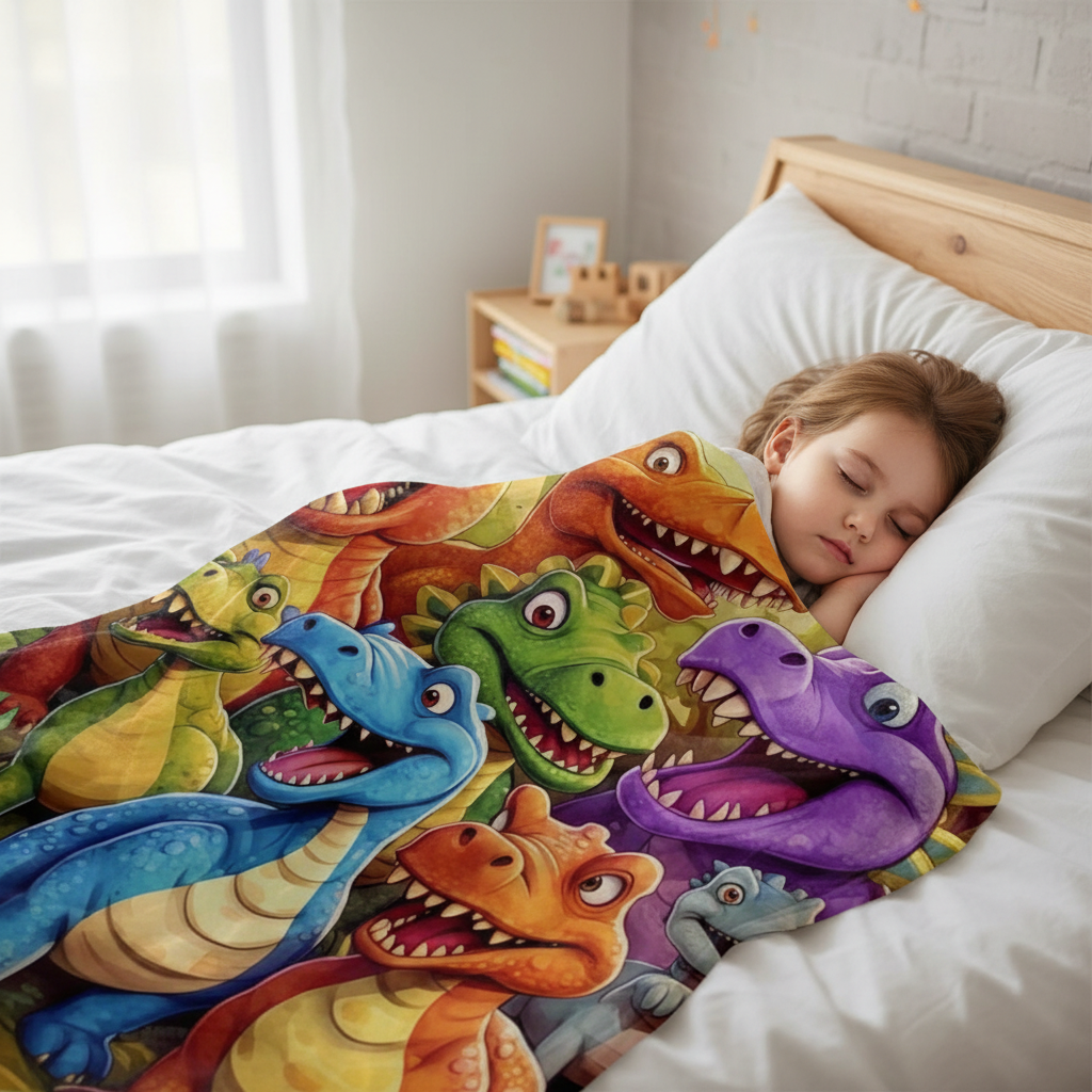 Bambino che dorme con coperta dinosauri