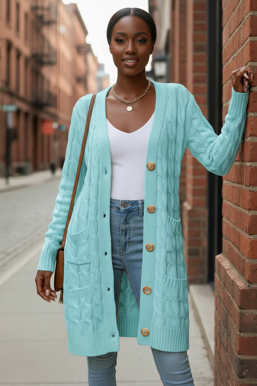 Cardigan azzurro - Modella strada urbana