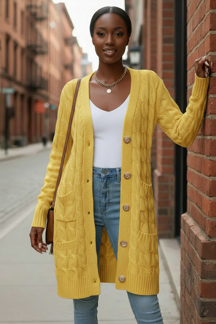 Cardigan giallo chiaro - Modella strada urbana