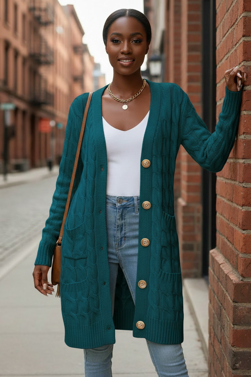 Cardigan verde petrolio - Modella strada urbana