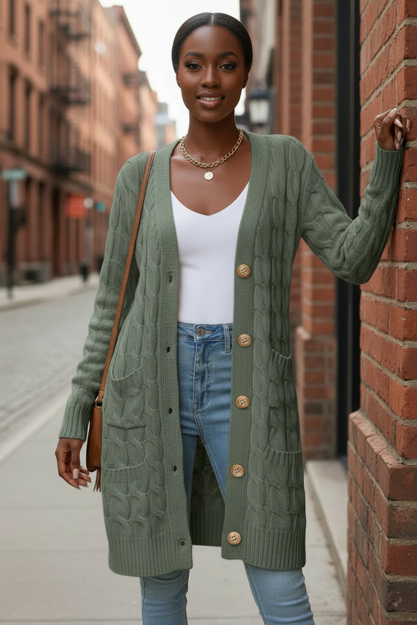 Cardigan verde salvia - Modella strada urbana